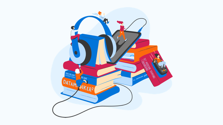illustration af bunke bøger med hovedtelfon og tablet med små mennesker som løber og kravler rundt på bøgerne.
